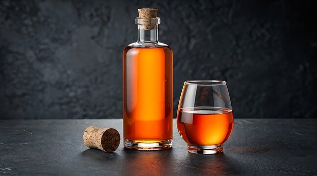 Amber colored spirit in a glass bottle and a tumbler with a cork stopper on a dark textured surface.