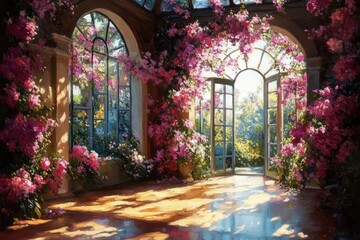 Obraz premium Sunlit room with arched windows and open French doors framed by cascading pink flowering vines, warm dappled light and a serene romantic atmosphere