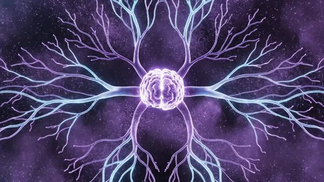 Human brain radiates glowing neural pathways that branch outward like tree roots against a deep cosmic nebula background.