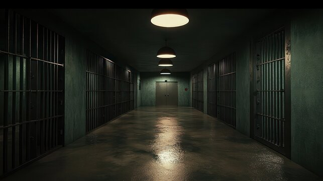Empty dimly lit prison corridor lined with barred cells, overhead lamps casting reflections on a wet concrete floor toward heavy double doors, eerie and foreboding mood