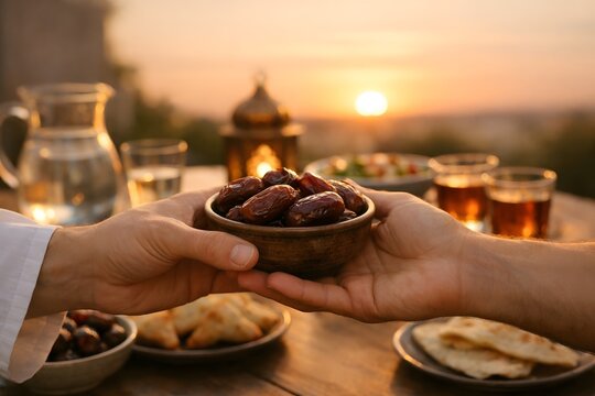 Sharing dates and tea at sunset during Ramadan breaking fast