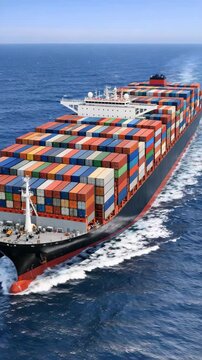 Colorful cargo containers on a large freighter ship in ocean.
