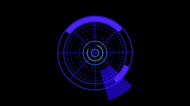 Futuristic HUD radar scope screen animation with glowing cyan digital target interface and rotating circle crosshair elements loop on black background for cyber technology