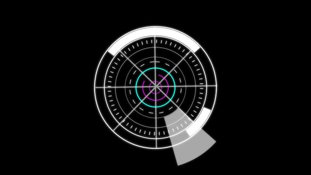 Futuristic HUD radar scope screen animation with glowing cyan digital target interface and rotating circle crosshair elements loop on black background for cyber technology
