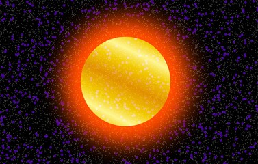 Glowing yellow sun with orange halo in deep space, surrounded by colorful stars on a dark cosmic background © Anidiadigital