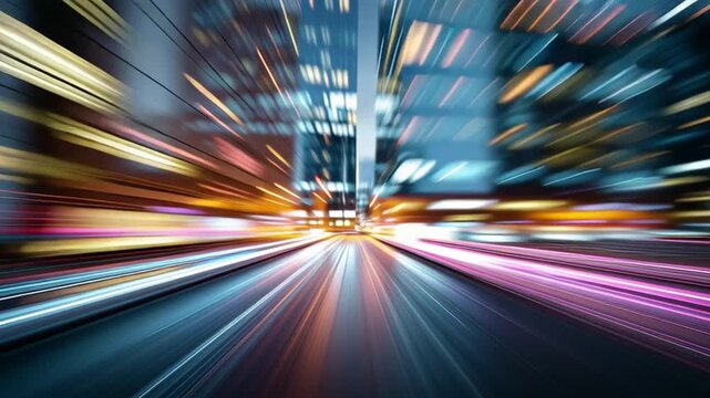 Dynamic Abstract Motion Blur Of Cityscape Skyscrapers At Night, Featuring Bright City Lights, Creating Energetic Urban Vibe. Captured In Urban Setting.