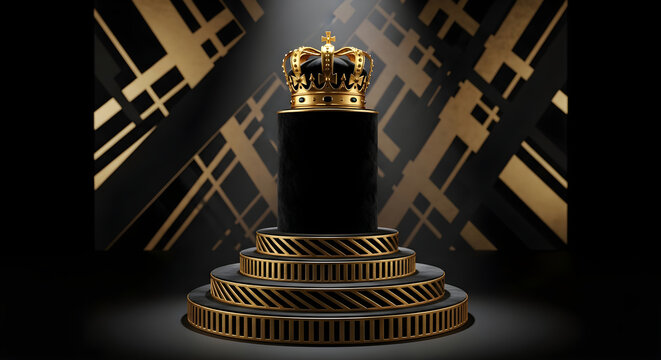 Golden Royal Crown Resting Upon a Luxury Podium Stage for Prestigious Award Ceremony Presentation and Elite Event Spotlight