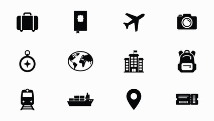 Minimalist travel with black white collection twelve minimalist icons representing travel essentials global exploration themes uniform style © Shovon