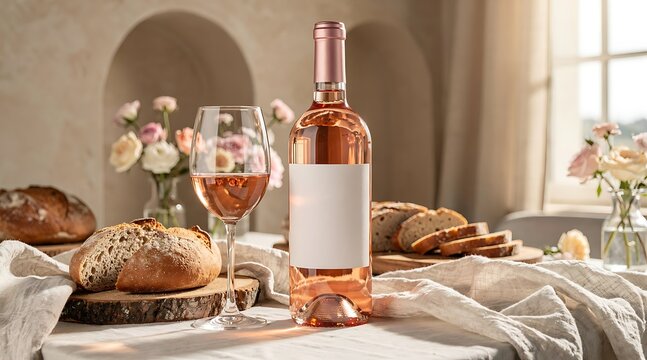 Rose wine bottle and glass with bread and flowers on a table.