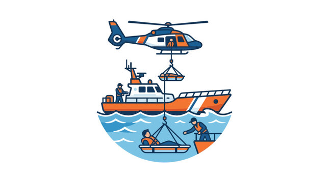 Coast guard search and rescue operation with helicopter and boat.