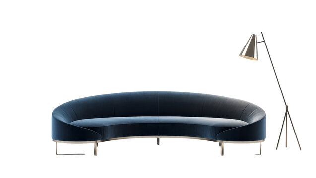 Isolated luxurious curved dark blue velvet couch and sleek golden floor lamp for living room.