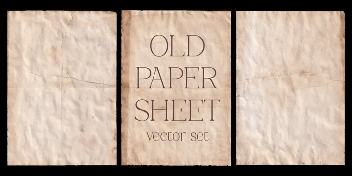 Old paper sheet with stains and wrinkles intence texture pattern, handmade scalable vector set for scrapbooking