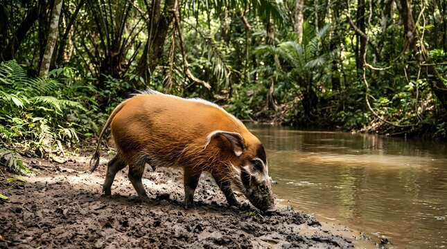 Red river hog drinking from a forest stream