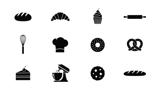 Minimalist black and white bakery icons set with monochromatic collection twelve stylized icons representing various baked goods kitchen tools against plain background