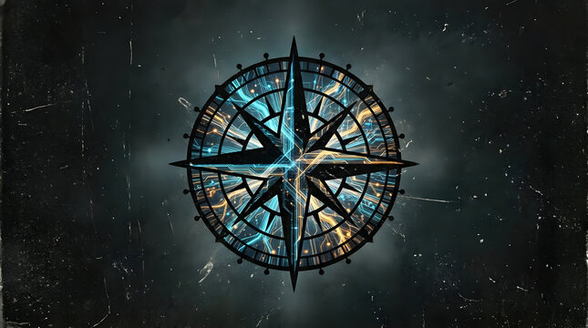 Glowing digital technology compass rose navigation concept noise grain overlay style