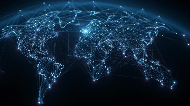 Futuristic Digital World Map Created Using Network Connections, Showcasing Technology And Innovation, Set Against A Dark Background. Ideal For Technology And Networking Concepts.