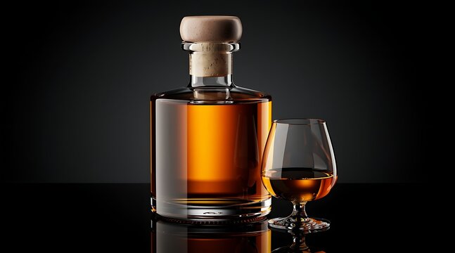 Elegant glass bottle of amber whiskey next to a tasting glass filled with the spirit.
