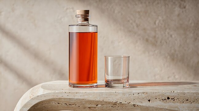 Clear glass bottle of amber liquid with a small glass on a textured surface.