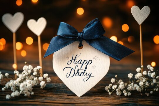 heart-shaped wooden tag with navy blue bow reading 'happy dady' surrounded by baby's breath and wooden heart sticks on a rustic table with warm bokeh lights, sentimental