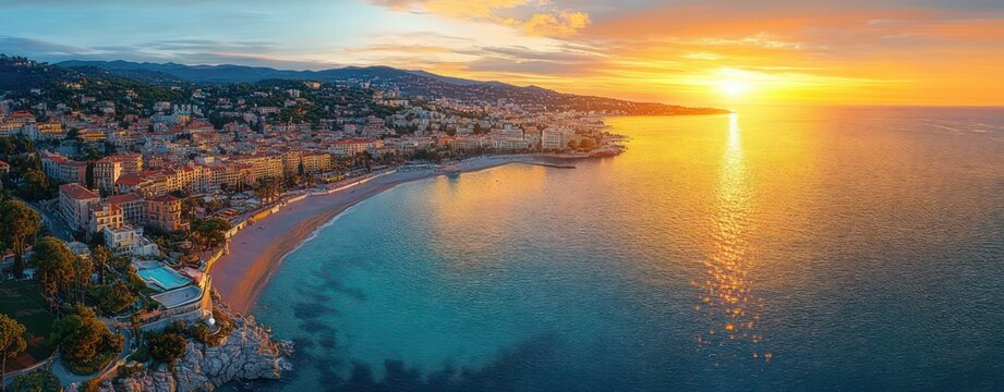 Golden sunset over a coastal town with a curved sandy beach, turquoise sea, hillside buildings and calm waters reflecting warm light, creating a serene atmosphere