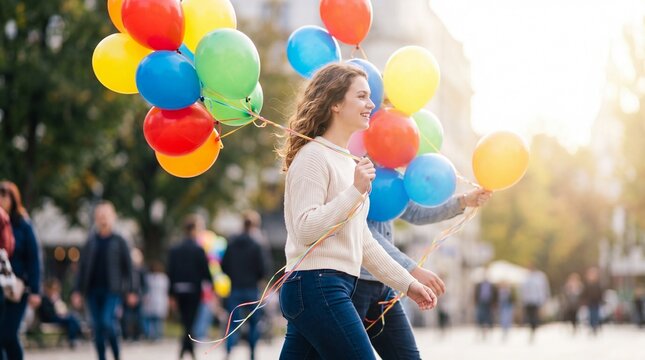 Woman holding colorful balloons while walking in urban street parade. Joyful labor day celebration on May first with crowd and sunny
