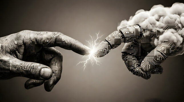 AI technology human hand touching robot finger noise grain overlay style
