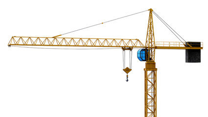 Isolated yellow tower crane with blue cabin for heavy construction building projects © Conor