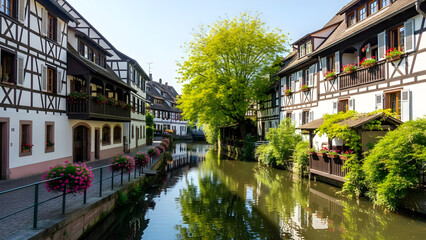 Obraz premium Charming Half-Timbered Houses Lining a Peaceful Canal in a Scenic Historic Village During a Sunny Summer Day
