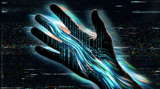 Cybernetic Digital Hand with Binary Code Glitch and AI Concept noise grain overlay style