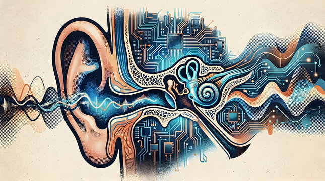 Bionic ear and digital audio hearing technology concept noise grain overlay style