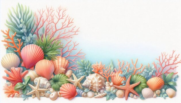 Tropical sea shells and coral gouache landscape with vibrant ocean life