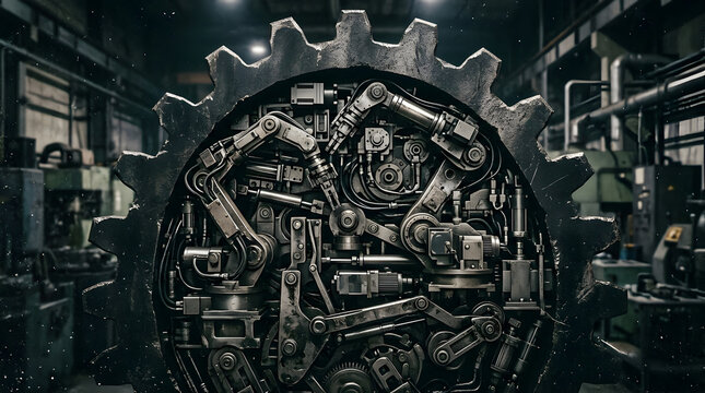 Heavy industrial gear mechanism with robotic automation noise grain overlay style
