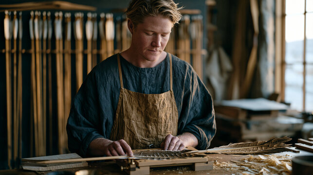 A fletcher at a traditional archery workshop fletches turkey feather vanes onto a cedar shaft using a specialized jig, an array of finished arrows in a wall mounted rack behind,