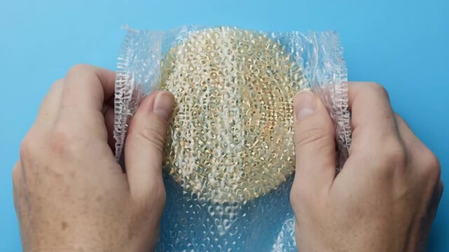 Hands crumpling clear over textured surface during studio lighting