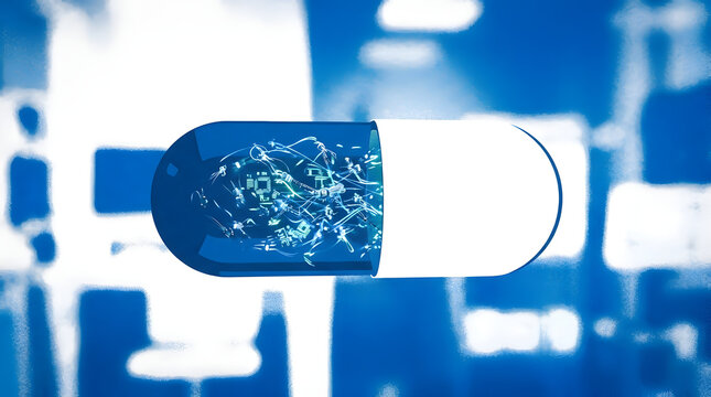 Futuristic nanotechnology capsule pill in digital health concept noise grain overlay style