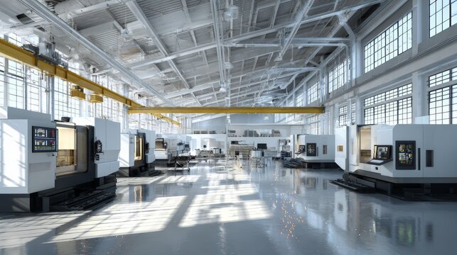An industrial building with clean white walls and several CNC machines, a yellow overhead crane, and large windows