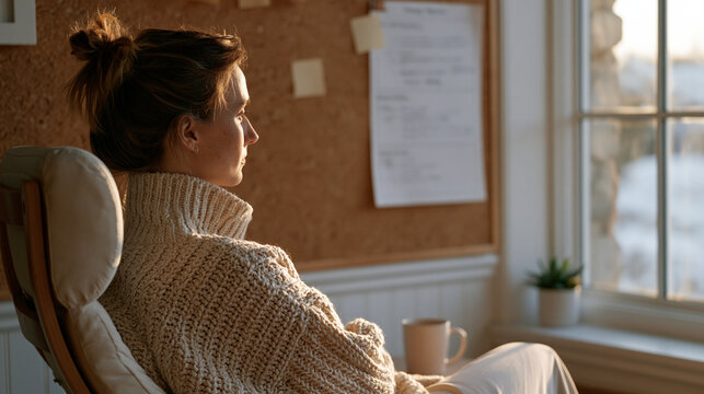 An adult managing invisible chronic fatigue carefully plans the week's tasks on a priority energy matrix pinned to a home office corkboard, seated in a supportive chair beside a