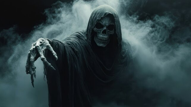 hooded skeletal figure in tattered dark cloak reaching a bony hand through swirling fog, eerie menacing and foreboding atmosphere