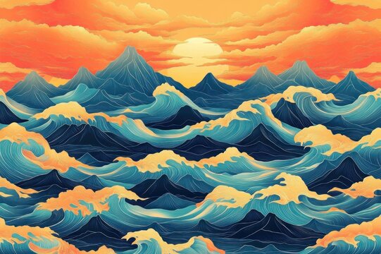 Vibrant stylized seascape with rolling teal waves and dark blue mountains beneath a glowing golden sun and dramatic orange clouds, conveying energetic calm and awe