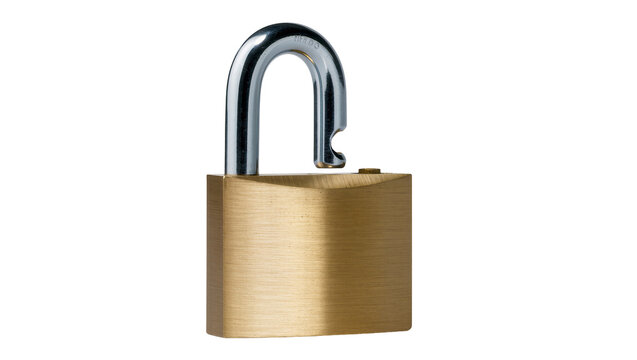 Isolated heavy brass padlock with detached silver shackle indicating unlocked state.