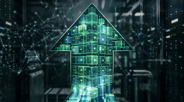 Data center growth arrow with green blockchain cubes noise grain overlay style