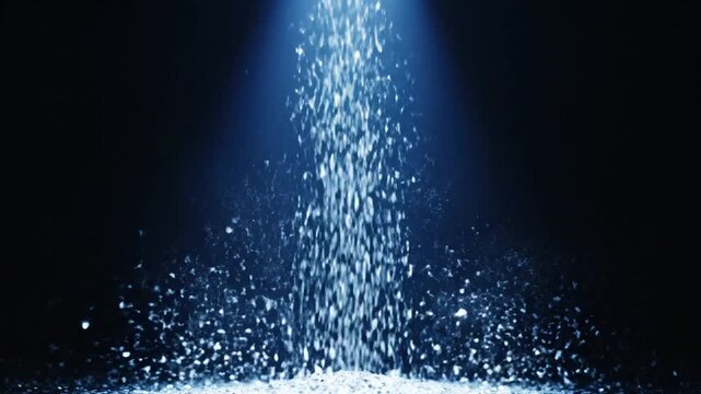 Particles of light cascading downwards create a mystical atmosphere that signifies energy flow and abstract transformation in a dark space.