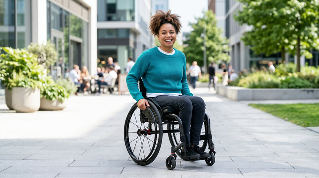 Smiling young woman sitting in a wheelchair on a modern city street. Happy female with mobility disability enjoying an active and independent lifestyle outdoors