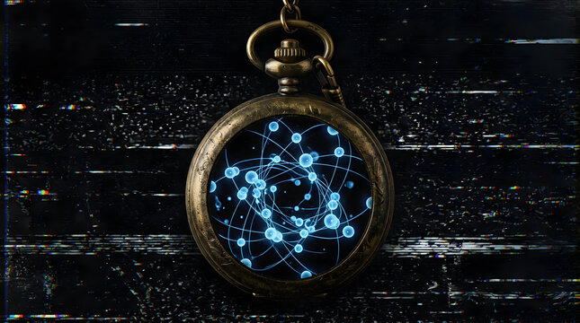 Quantum pocket watch with glowing atomic orbits noise grain overlay style