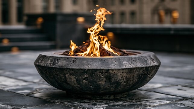 Burning flames dance within a concrete fire pit, creating a warm and inviting outdoor ambiance for relaxation and gathering.