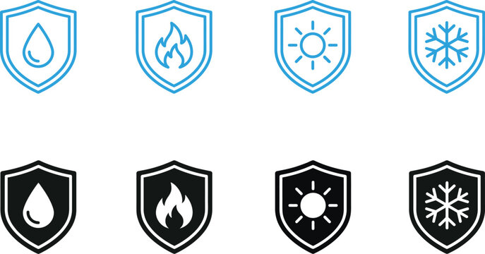 icons of shield with water drop fire sun and snowflake