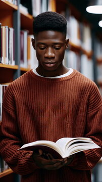 Young Black Male Student Holding Books with an Inspiring Smile in Sunlit Library, Radiating Passion for Learning and Future Success