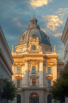 Sunlit ornate domed historic building with sculpted facade and statues between two classical wings at golden hour, majestic and serene atmosphere