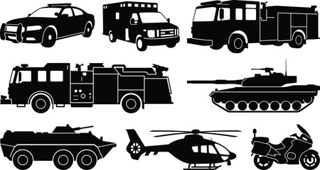 Emergency and military vehicle silhouette collection featuring police car ambulance fire truck tank helicopter and rescue transport icons © Foredul