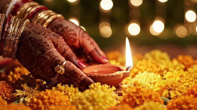 Henna hands holding lighted diya over marigolds for Diwali